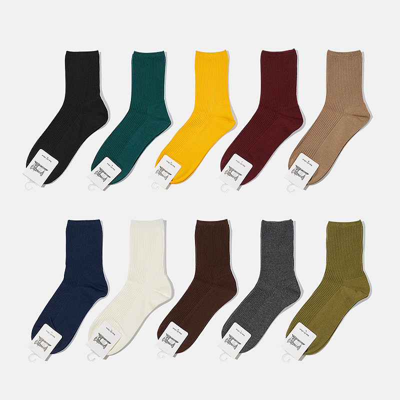 South Korea Pure Color Full Cotton Vertical Stripe Middle Cylinder Socks Bubble Socks Day Ensemble Base Black White College Wind Female Short Cylinder Socks