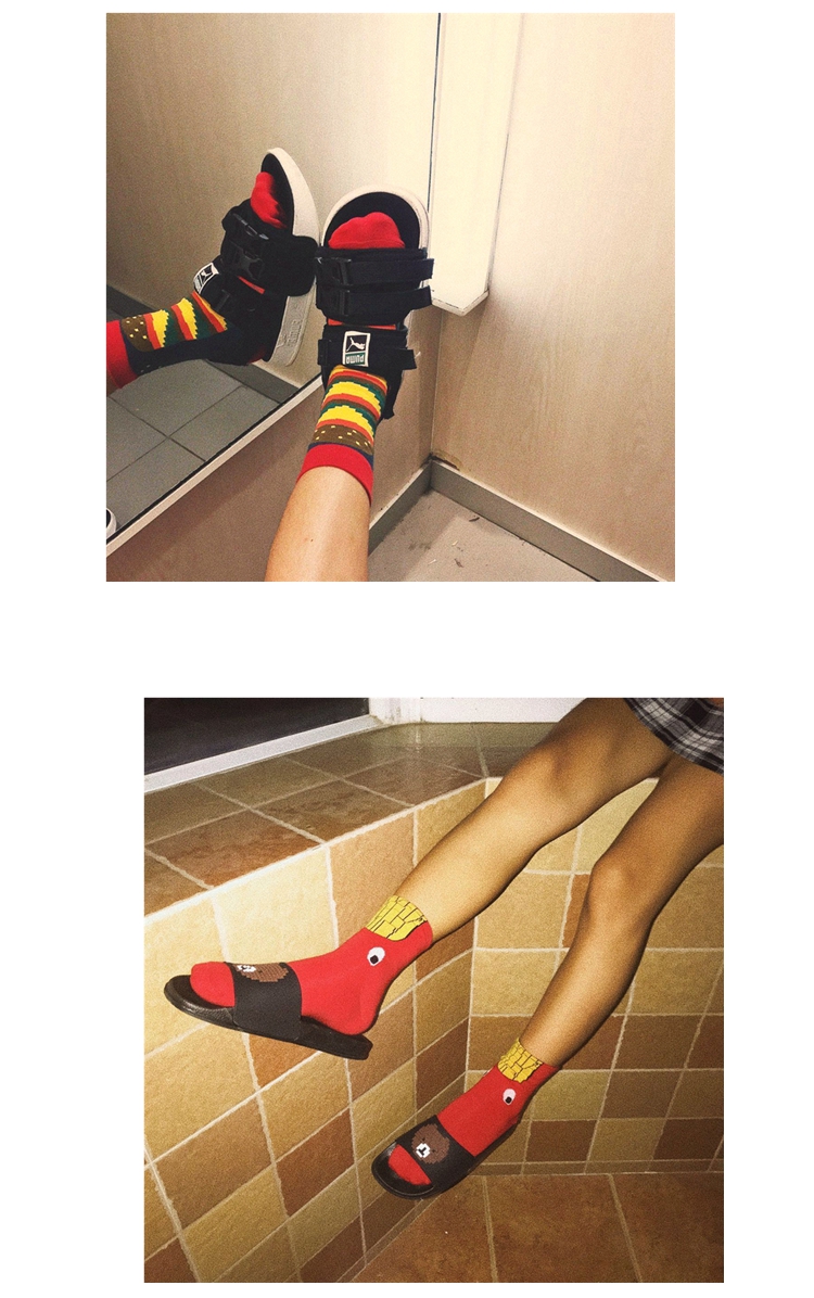 Hàn Quốc ulzzang phim hoạt hình khoai tây chiên burger cá tính vớ nam Harajuku trong ống của phụ nữ vớ cotton đôi vớ xu hướng vớ nam cổ cao