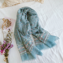 New Japanese literary blue floral Hipster silk scarves spring summer cotton and linen hand feel sunscreen shawl gauze beach towel