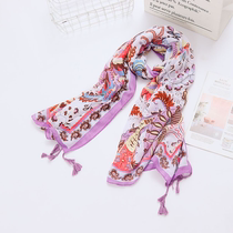 Sunscreen shawl women spring and summer Joker illusion National style purple flower cotton linen scarf tassel silk scarf scarf
