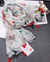 2017 hipster elegant white background flower tassel scarf Korean Joker women headscarf floral long silk scarf