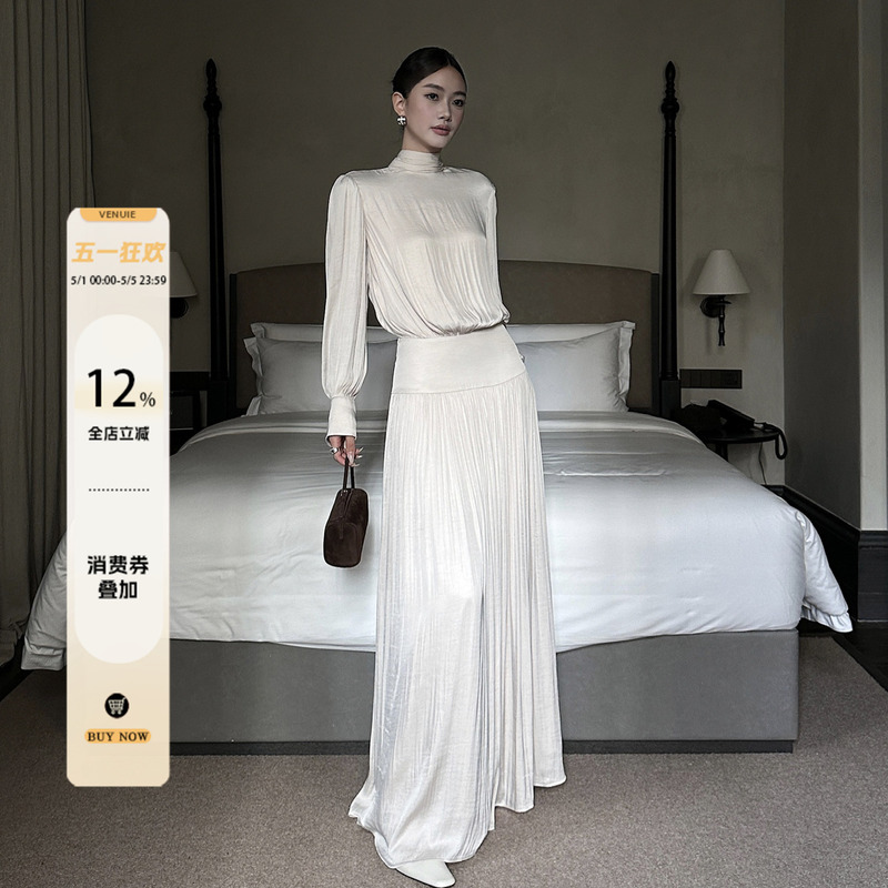 Venuie French-Style Satin Long Pleated Long-Sleeve Dress for Women, Autumn and Winter Light Evening Dress, Annual Meeting Long Dress