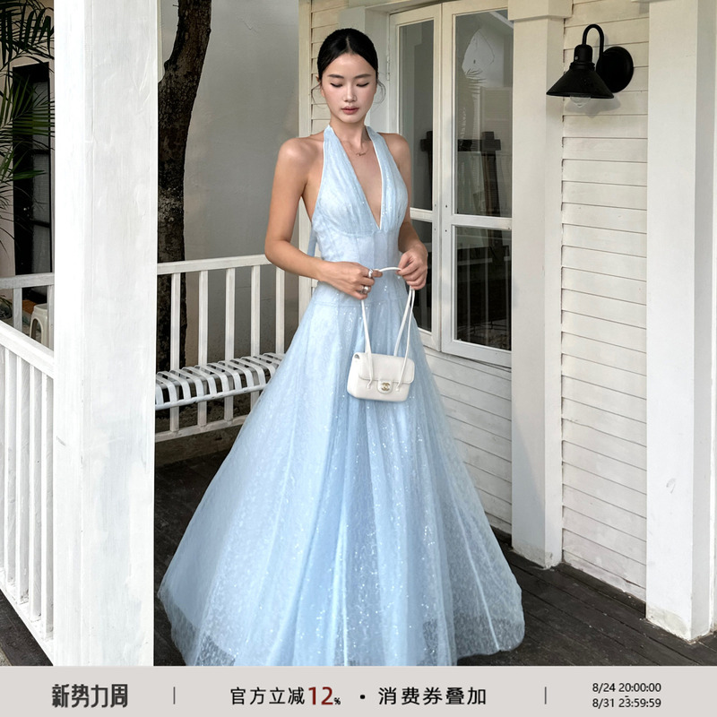 Venuie Blue Lace Halter Dress Deep V-Neck Waist-Cinching Elegant Long Dress Birthday Coming-Of-Age Ceremony Light Formal Dress for Women
