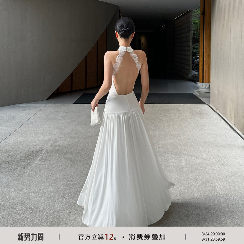 Venuie French White Halterneck Dress Coming-Of-Age Ceremony Birthday Engagement Dress Sexy Holiday Backless Long Dress