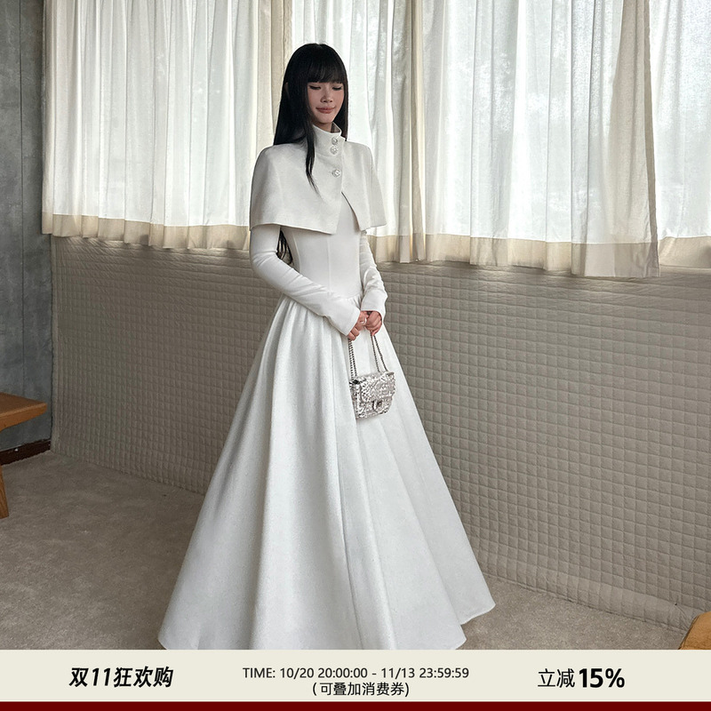 Venuie Elegant White Cape Shawl Long Dress Autumn and Winter Birthday Evening Dress Slim Long-Sleeved Dress