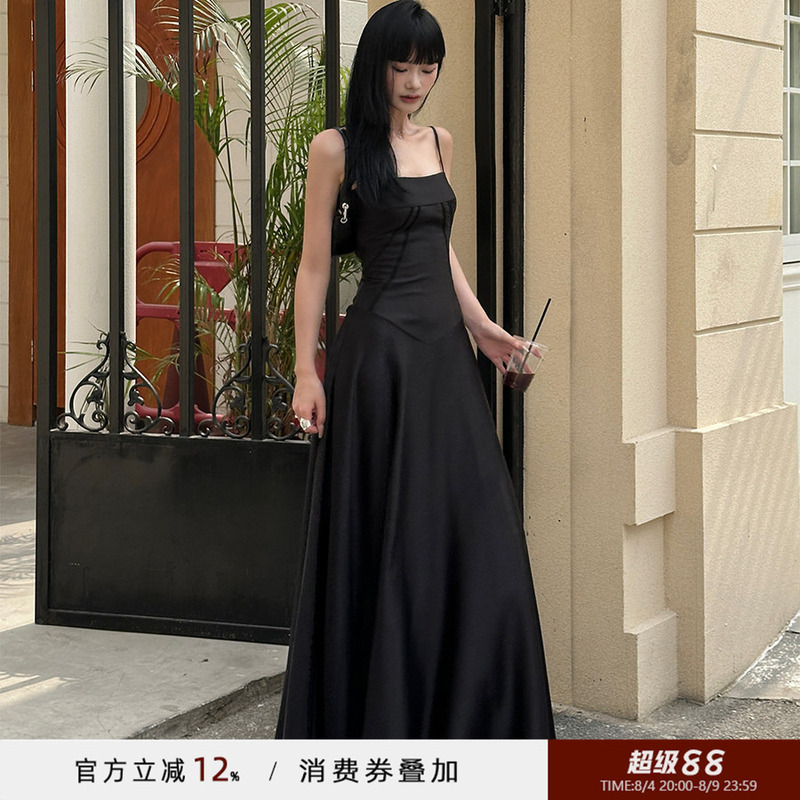 Venuie Black Spaghetti Strap Dress, French Style Elegant Gown, 1 Party Birthday Annual Meeting Satin High-End Long Dress