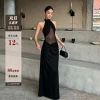 VENUIE Lyocell high-end light luxury niche dress skirt halter neck hip-covering mesh dress slim black long skirt