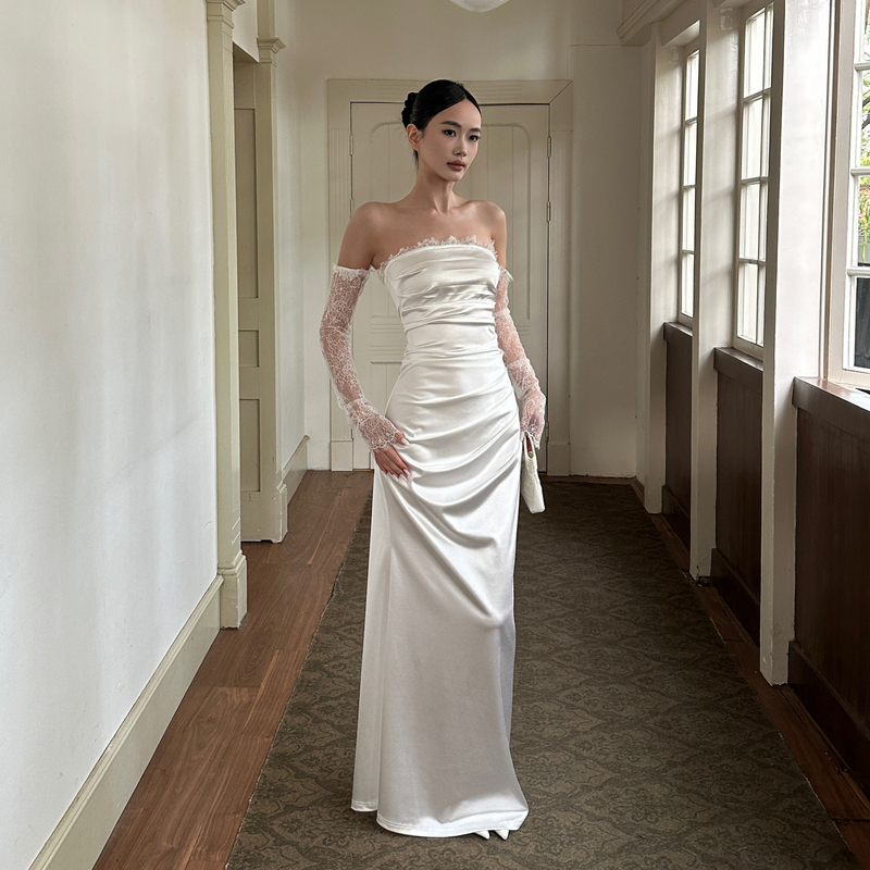 Venuie French Satin Annual Meeting Banquet Dress Strapless White Birthday Engagement Light Dress Graduation Long Dress