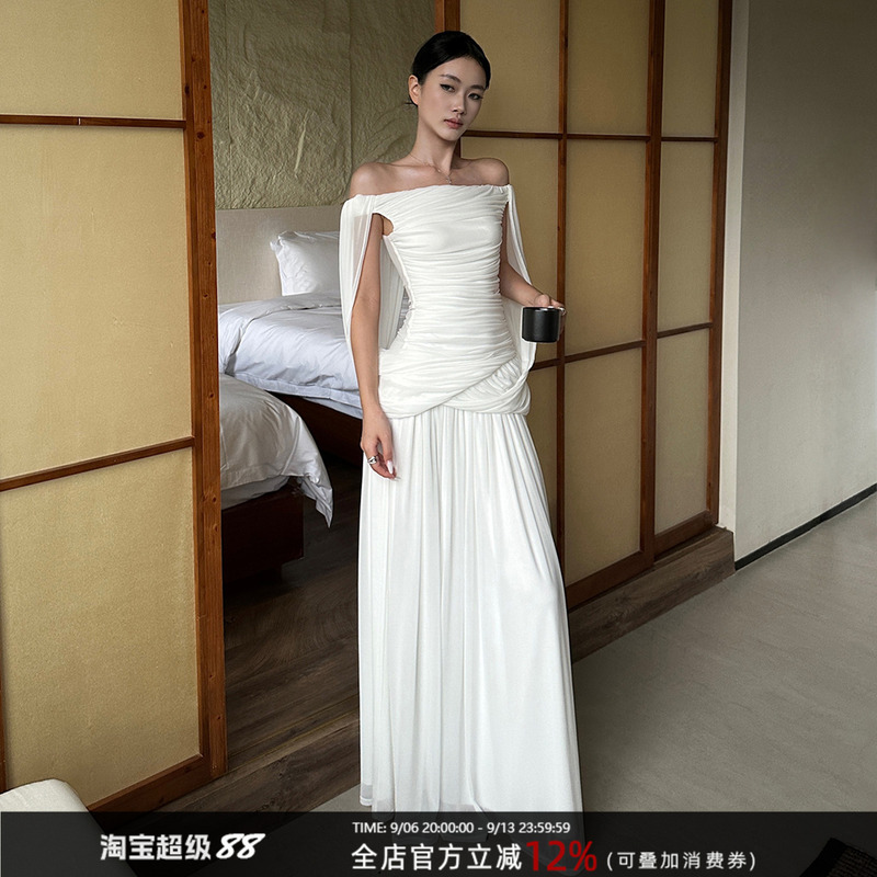 Venuie Stylish White Off-Shoulder Dress, French Vacation Dress, Birthday Light Dress, Elegant Long Dress for Marriage Registration Venuie Stylish White Off-Shoulder Dress, French Vacation Dress, Birthday Light Dress, Elegant Long Dress for Marriage Registration
