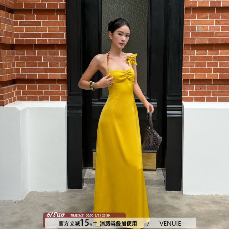 Venuie Bright Yellow Vacation Beach Dress with a Stylish Satin A-Line Design, Waist-Cinching, Sleeveless Halter Neck Dress Venuie Bright Yellow Vacation Beach Dress with a Stylish Satin A-Line Design, Waist-Cinching, Sleeveless Halter Neck Dress