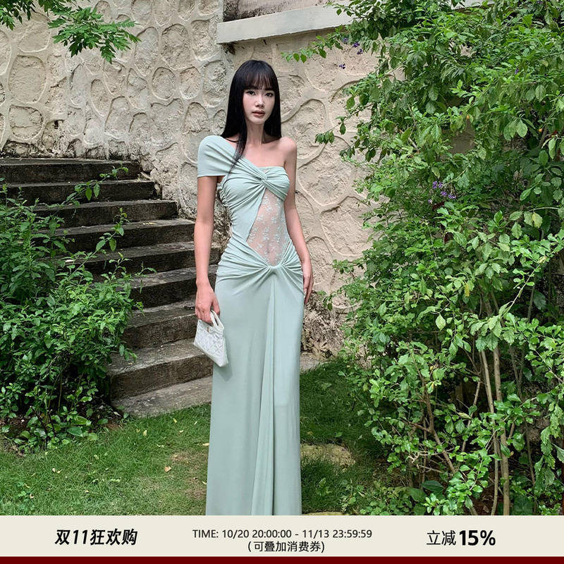 Venuie Bean Green Dress, Perfect for Beach Vacations and Photoshoots, Stunning Sanya French-Style Long Dress for Women