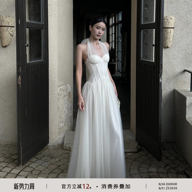 Venuie Heavy-Duty Mesh Halter Dress with Chest Pads, Coming-Of-Age Ceremony, Birthday, Engagement Dress, White Dress for Marriage Registration Venuie Heavy-Duty Mesh Halter Dress with Chest Pads, Coming-Of-Age Ceremony, Birthday, Engagement Dress, White Dress for Marriage Registration