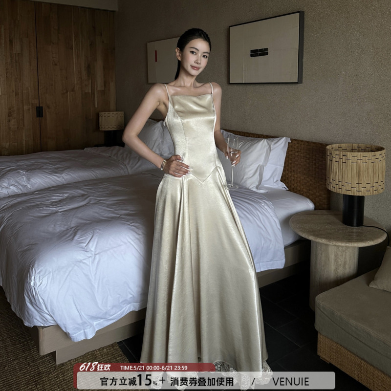 Venuie Champagne-Colored Satin Suspender Dress Birthday Coming-Of-Age Ceremony Engagement Dress French Style Long Dress Venuie Champagne-Colored Satin Suspender Dress Birthday Coming-Of-Age Ceremony Engagement Dress French Style Long Dress