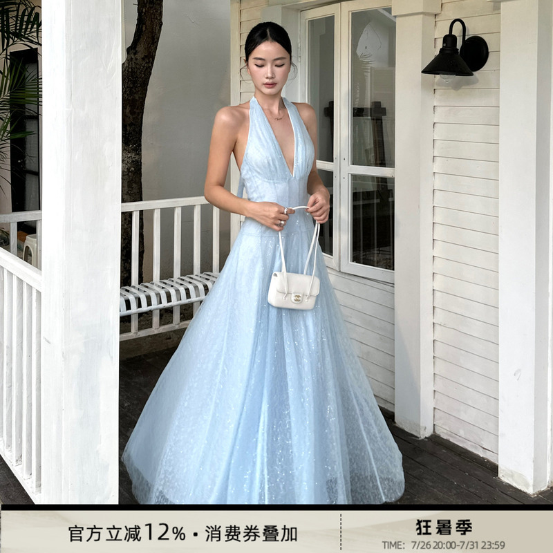 Venuie Blue Lace Halter Dress Deep V-Neck Waist-Cinching Elegant Long Dress Birthday Coming-Of-Age Ceremony Light Formal Dress for Women