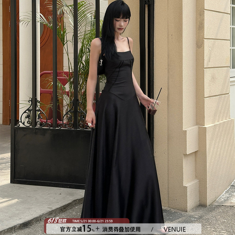 Venuie Black Spaghetti Strap Dress, French Style Elegant Gown, 1 Party Birthday Annual Meeting Satin High-End Long Dress Venuie Black Spaghetti Strap Dress, French Style Elegant Gown, 1 Party Birthday Annual Meeting Satin High-End Long Dress
