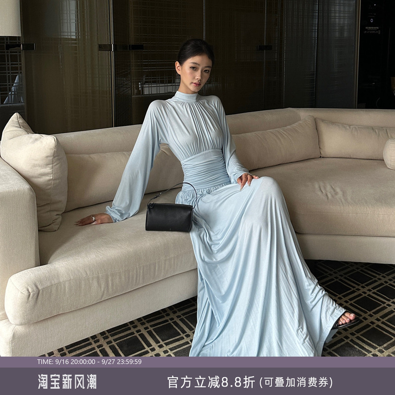 Venuie Cool Ice Blue Waist-Cinching Long-Sleeved Dress with Stand Collar and Large Hem, Elegant Long Dress Suitable for Everyday Wear and Formal Occasions