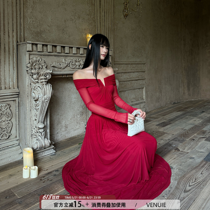 Venuie French Style One-Shoulder V-Neck Slim Pleated Christmas Red Evening Dress Long-Sleeved Mesh Dress Venuie French Style One-Shoulder V-Neck Slim Pleated Christmas Red Evening Dress Long-Sleeved Mesh Dress