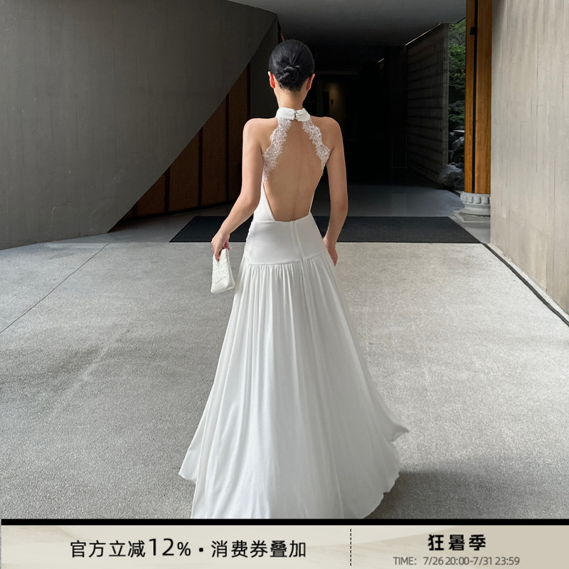 Venuie French White Halterneck Dress Coming-Of-Age Ceremony Birthday Engagement Dress Sexy Holiday Backless Long Dress