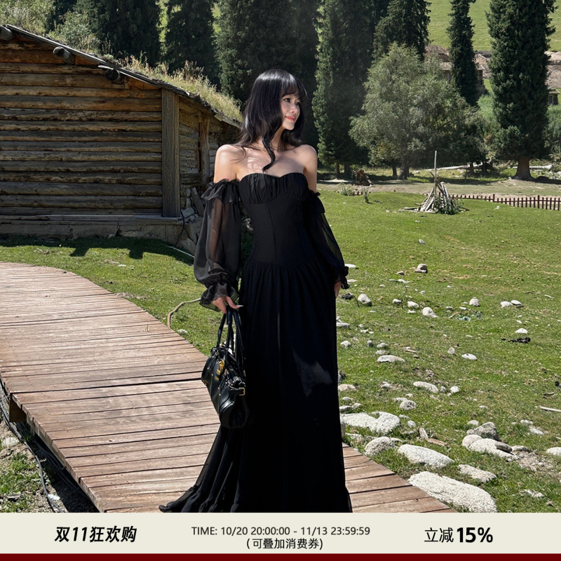 Venuie French Palace Style One-Shoulder Long-Sleeved Dress Black Birthday Dress Large A-Line Chiffon Long Skirt Venuie French Palace Style One-Shoulder Long-Sleeved Dress Black Birthday Dress Large A-Line Chiffon Long Skirt