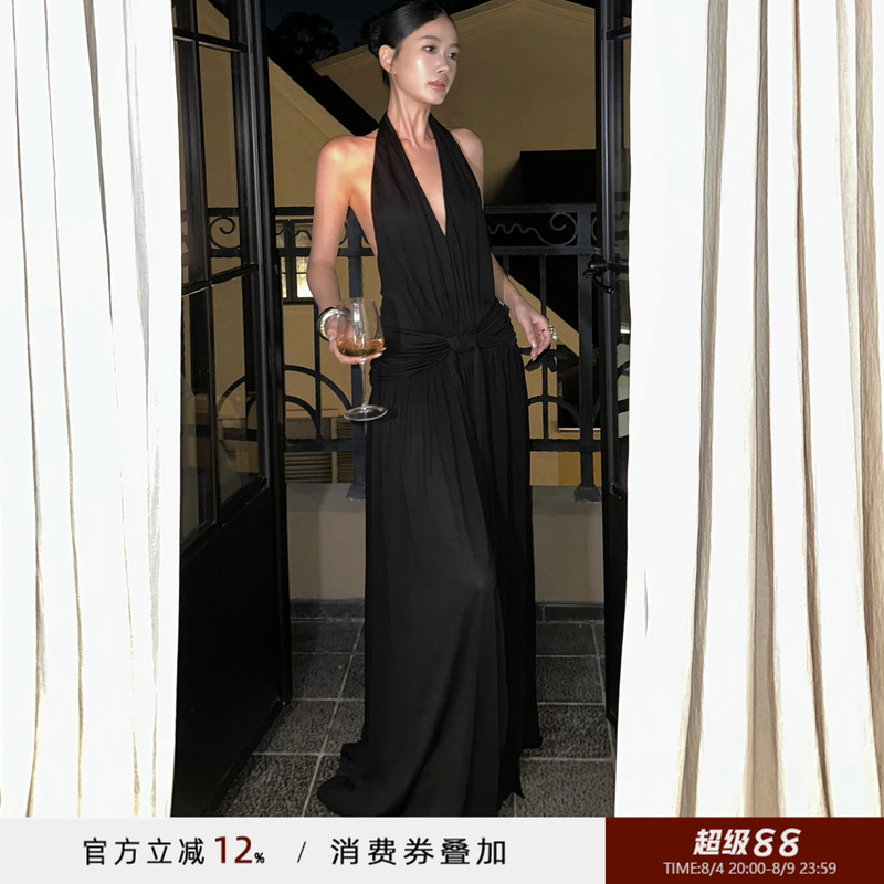 Venuie French Hepburn Style Black V-Neck Halter Dress, Light Evening Dress, Long Birthday Backless Dress Venuie French Hepburn Style Black V-Neck Halter Dress, Light Evening Dress, Long Birthday Backless Dress