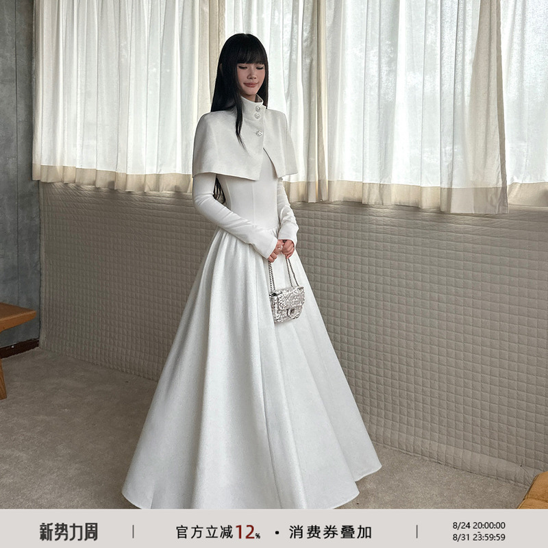Venuie Elegant White Cape Shawl Long Dress Autumn and Winter Birthday Evening Dress Slim Long-Sleeved Dress
