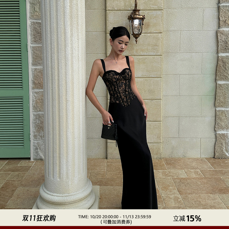 Venuie Black Lace Satin Patchwork Fishbone Strap Dress Evening Birthday Dress Elegant Fishtail Long Dress