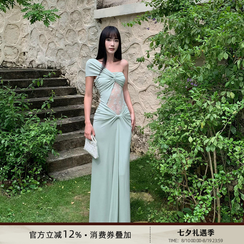 Venuie Bean Green Dress, Perfect for Beach Vacations and Photoshoots, Stunning Sanya French-Style Long Dress for Women