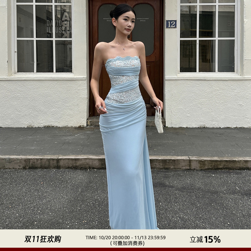 Venuie Sequined Mesh Splicing Tube Top Hip-Hugging Dress Birthday Party Light Dress Blue Vacation Long Dress Venuie Sequined Mesh Splicing Tube Top Hip-Hugging Dress Birthday Party Light Dress Blue Vacation Long Dress