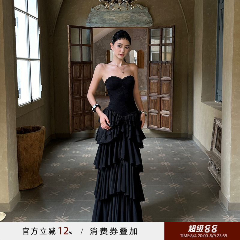 Venuie High-End Evening Dress for Women, Slim-Fitting Strapless Dress, Black Tiered Dress, Elegant Sleeveless Birthday Dress