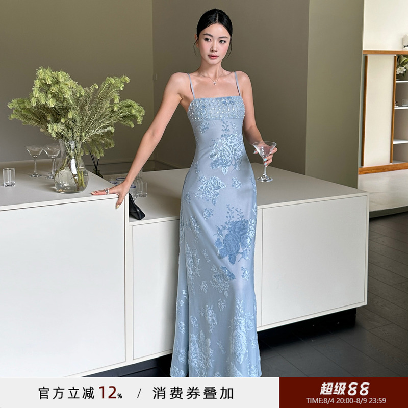 Venuie French-Style Blue Spaghetti Strap Dress, New Chinese-Style Dress, Birthday Evening Dress, Light Dress, Seaside Vacation Long Dress Venuie French-Style Blue Spaghetti Strap Dress, New Chinese-Style Dress, Birthday Evening Dress, Light Dress, Seaside Vacation Long Dress