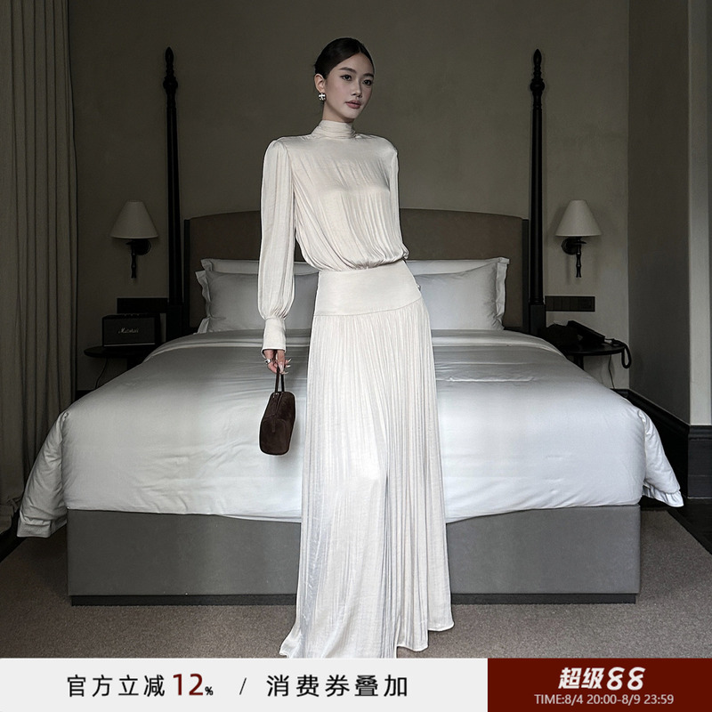 Venuie French-Style Satin Long Pleated Long-Sleeve Dress for Women, Autumn and Winter Light Evening Dress, Annual Meeting Long Dress Venuie French-Style Satin Long Pleated Long-Sleeve Dress for Women, Autumn and Winter Light Evening Dress, Annual Meeting Long Dress