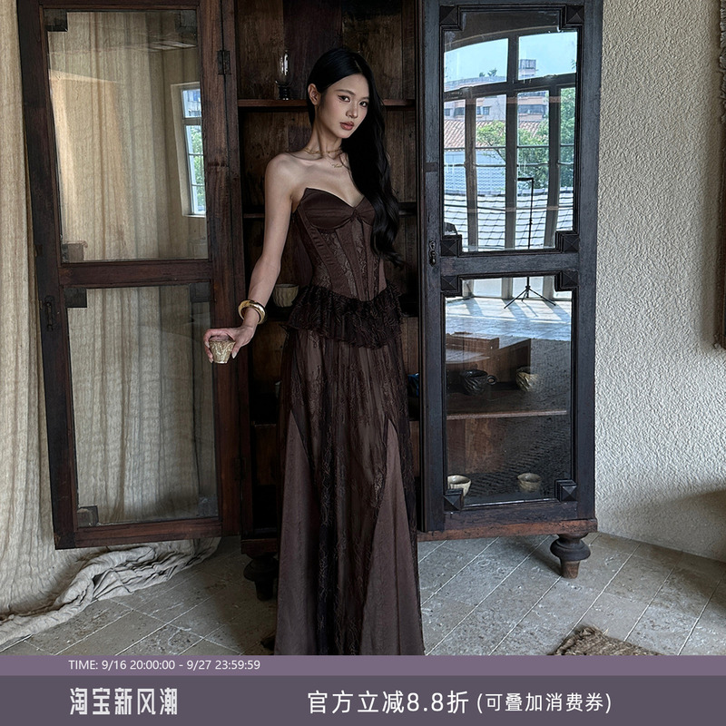 Venuie French-Style Fishbone Strapless Lace Dress Birthday Party Evening Dress Rich Girl Mini Dress