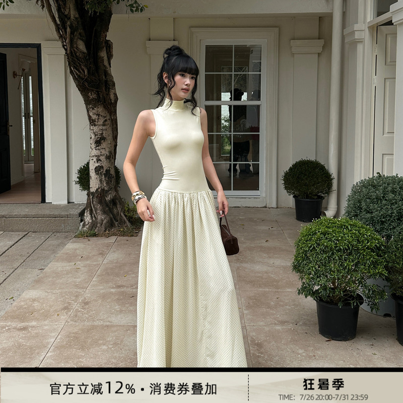 Venuie Gentle Cream Yellow Sleeveless High-Neck Waist-Cinching Slimming Elegant Dress New Style Inner Long Dress for Women