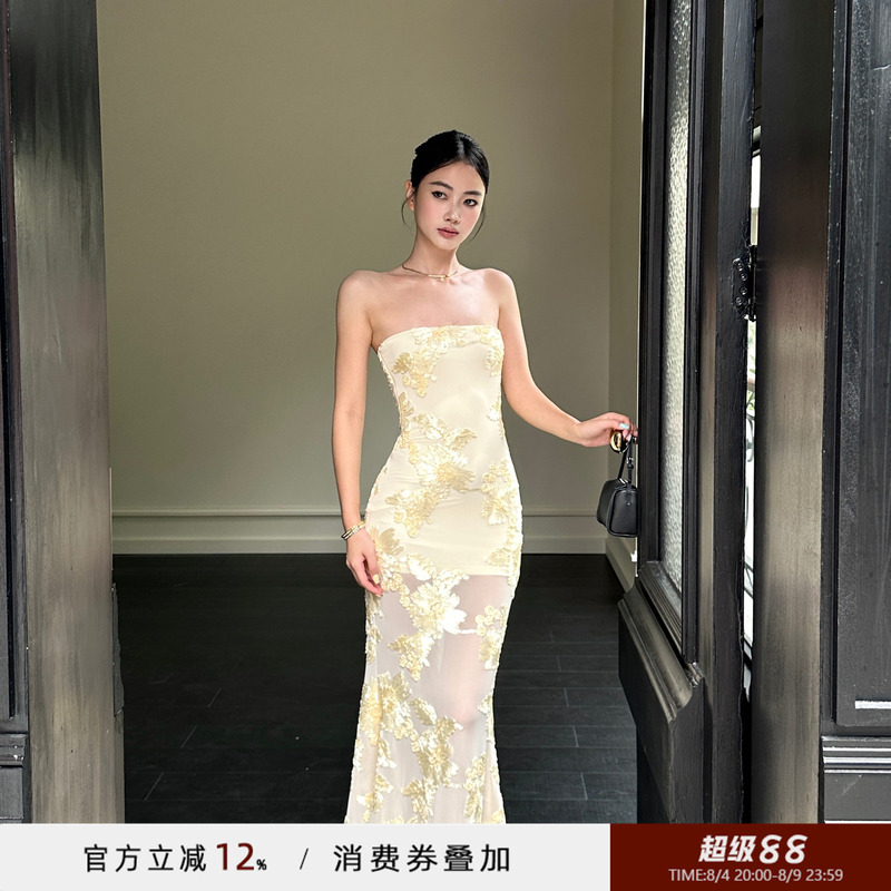 Venuie Heavy-Duty Three-Dimensional Embroidered Tube Top Dress, Yellow Waist-Cinching Bodycon Long Dress, Birthday Party Dress Venuie Heavy-Duty Three-Dimensional Embroidered Tube Top Dress, Yellow Waist-Cinching Bodycon Long Dress, Birthday Party Dress