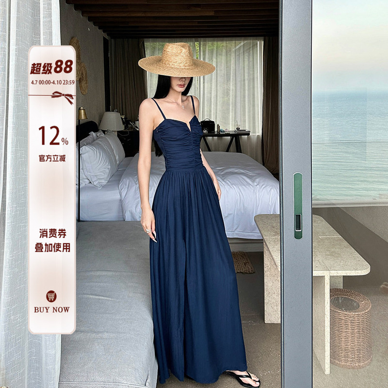 Venuie French-Style Navy Blue Beach Photo Shoot Vacation Slip Dress Long Dress for Photo Shoots and Outfits