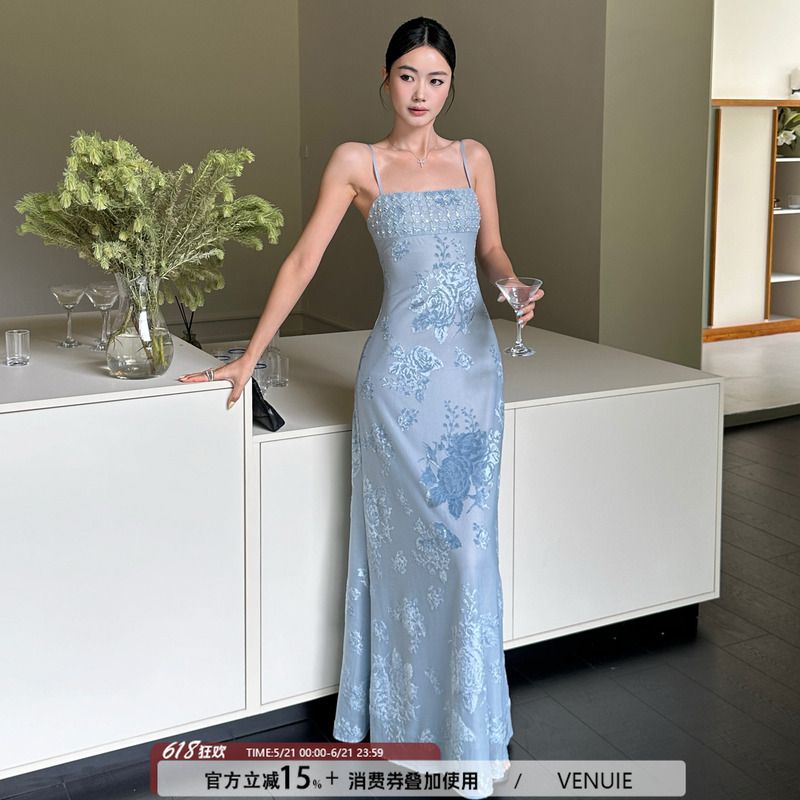 Venuie French-Style Blue Spaghetti Strap Dress Floral Graduation Evening Dress Light Dress Seaside Vacation Long Dress