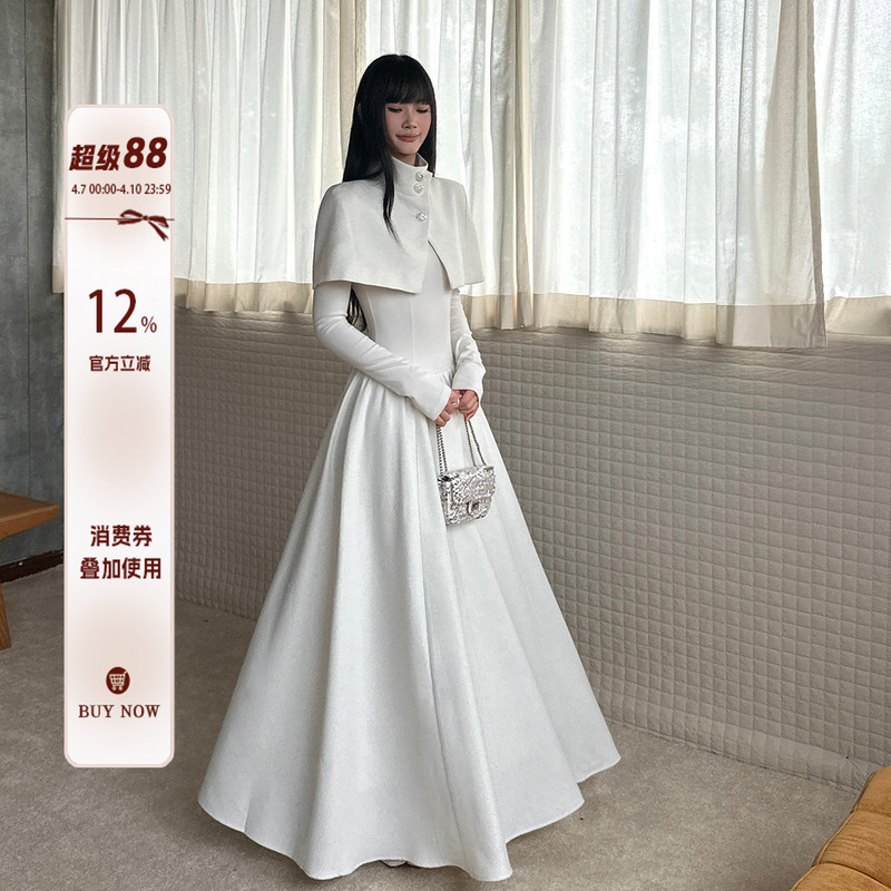 Venuie Elegant White Cape Shawl Long Dress Autumn and Winter Birthday Evening Dress Slim Long-Sleeved Dress