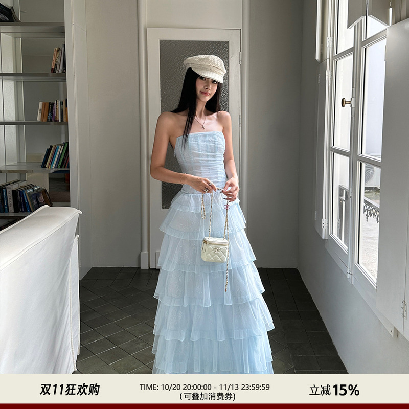 Venuie Light Blue Fishbone Tube Top Dress Cake Skirt Engagement Birthday Light Dress Seaside Vacation Long Dress