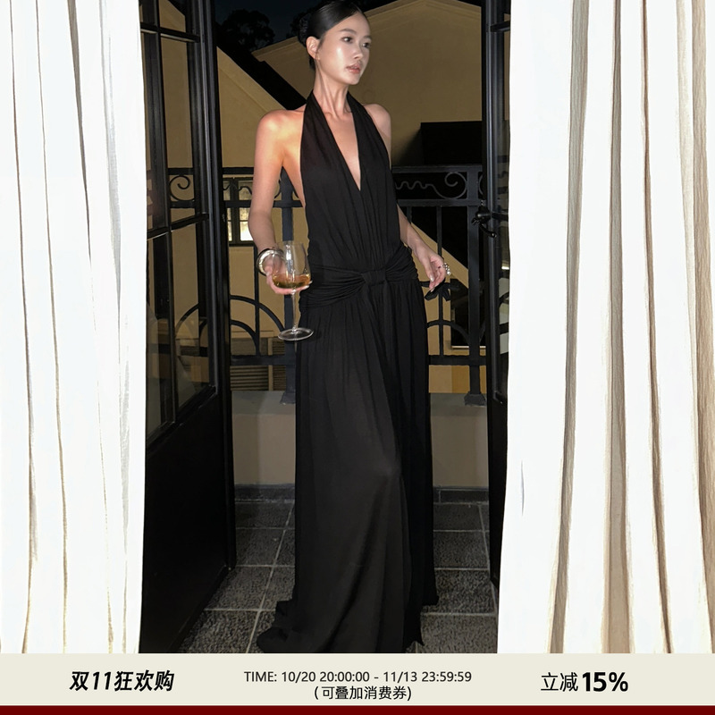 Venuie French Hepburn Style Black V-Neck Halter Dress, Light Evening Dress, Long Birthday Backless Dress