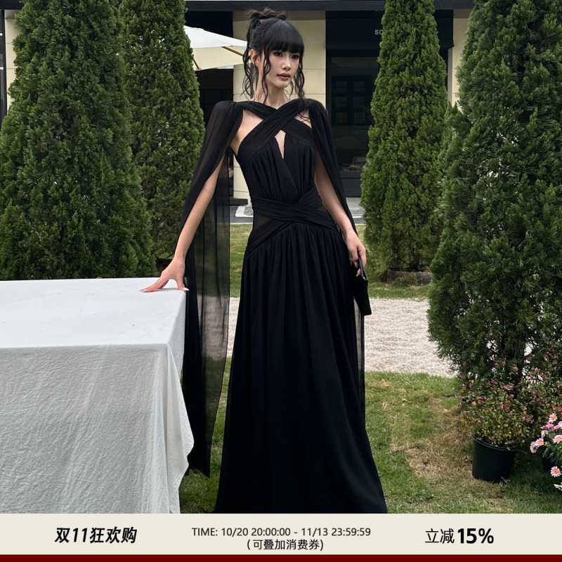 Venuie Black High-End Shawl Mesh Cross Halter Dress Formal Dress Waist-Cinching Vacation Long Dress Spring and Summer Venuie Black High-End Shawl Mesh Cross Halter Dress Formal Dress Waist-Cinching Vacation Long Dress Spring and Summer