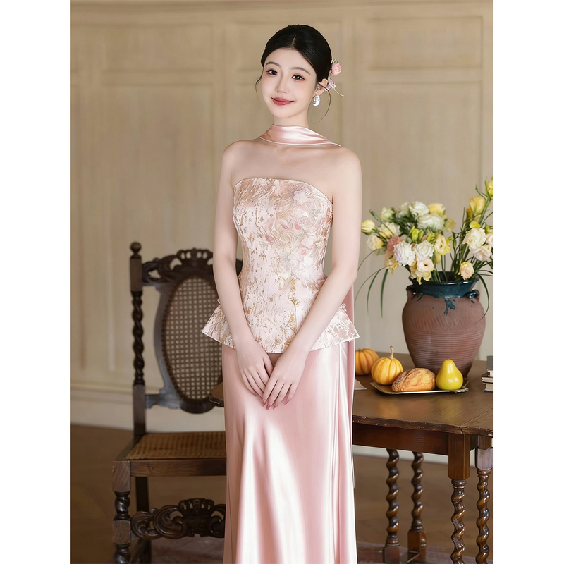 High-End Strapless Bridal Toast Dress, New Chinese Style 2026 Model, Morning Robe for Women, Engagement Dress, Pink, Petite Size