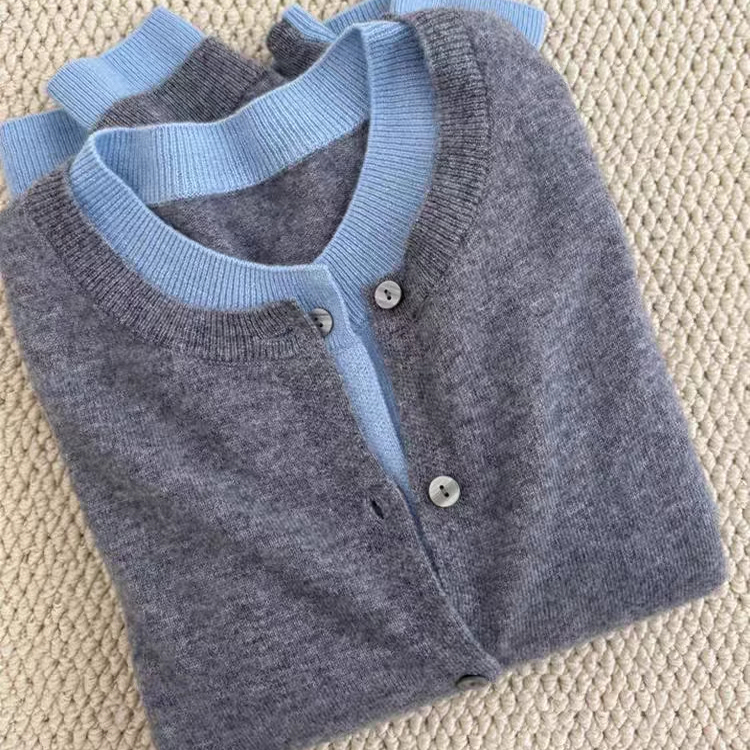 100% Pure Wool Fake Two-Piece Women's Wool Sweater Round Neck Cardigan Outerwear Knitted Long Autumn and Winter Fashion Trendy Style