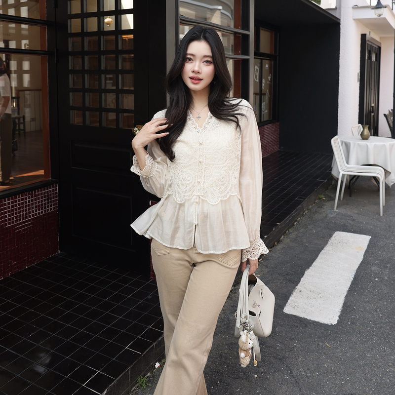 Lao Yang's Clothing Parisian Paisley Linen Lyocell Crochet Versatile Lace V-Neck White Shirt Top Spring