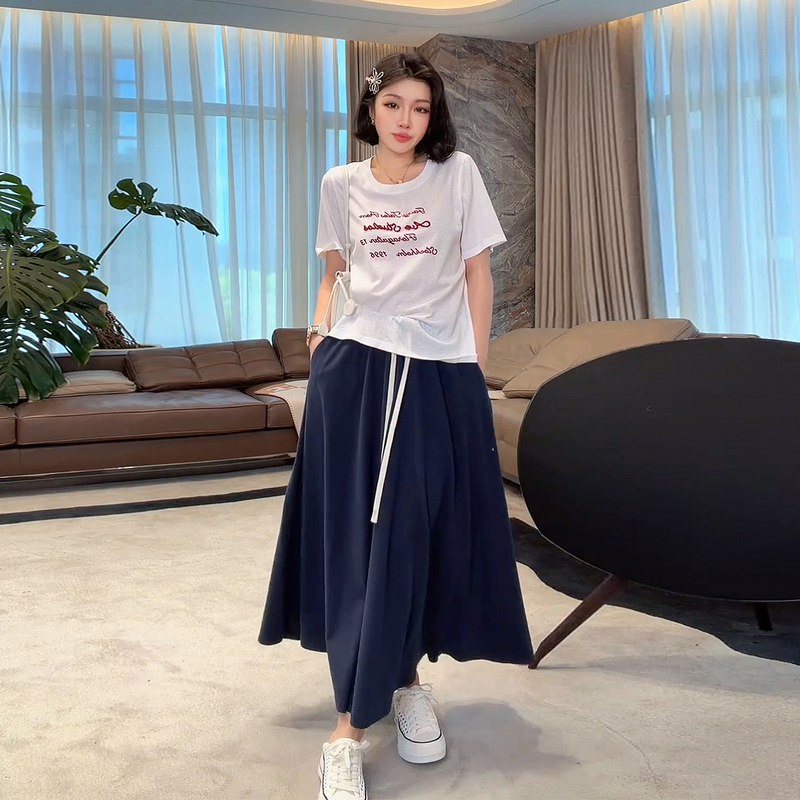 Me Lao Yang's Clothing [Blue Dream Island Skirt] 100% Cotton Large Hem Skirt That Covers the Hips, Relaxed Fit, Slimming, Versatile Half Skirt