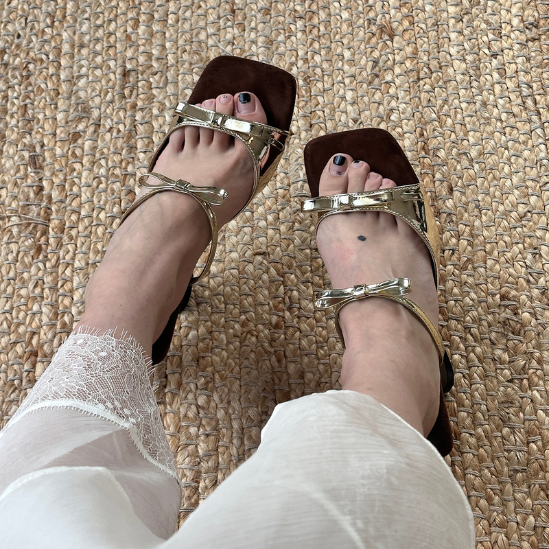 Me【Cuban Gold High Heel Sandals】Luxury Brand Style with Bow, Versatile and Fashionable Square-Toe Shoes Mehs12