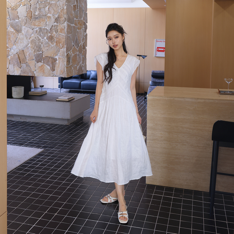 Me Lao Yang's Clothing White Tea Girl Dress 100% Linen Tuck Pleat Asymmetrical Cut Hollow Embroidery Fashion Dress Summer