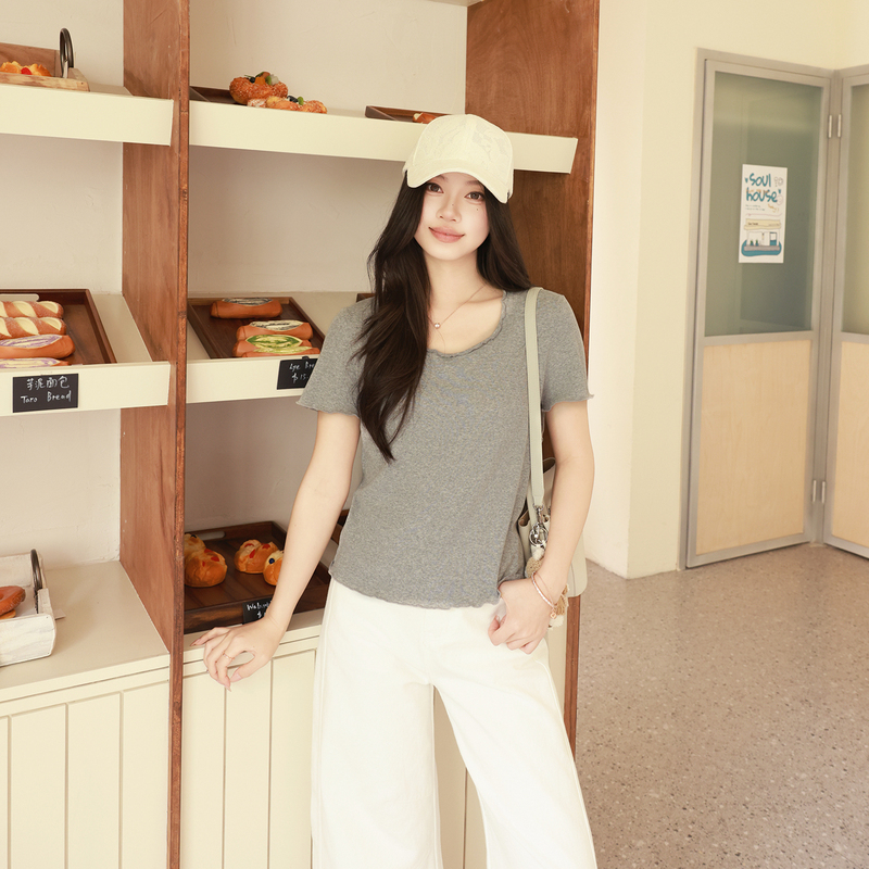 Me Lao Yang's Clothing [Lahua t] Organic Cotton Minimalist Ruffled Breathable Relaxed Versatile Casual Short-Sleeve T-Shirt