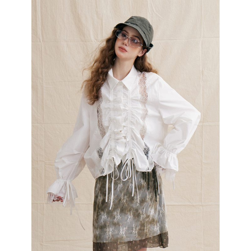 Naojie 2026 Autumn New Korean Style Light Luxury Retro Lace Hollow Out Design Long Sleeve Shirt Women's Top