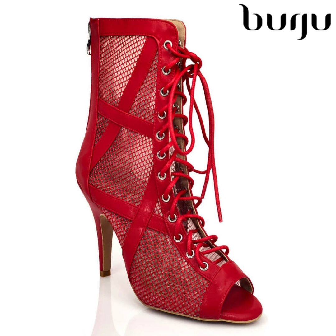 burju-Xiomara red professional high heel lacing jazz dance boots heels fish mouth Salsa Latin shoes