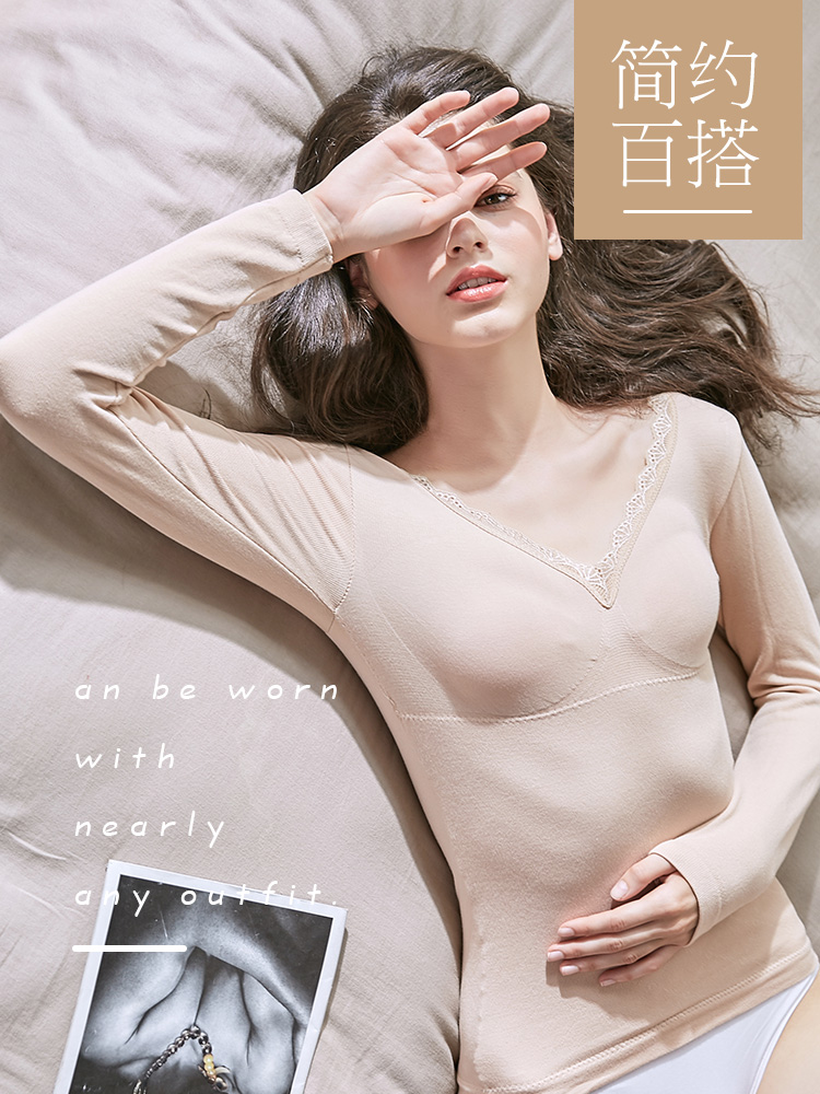 Autumn and winter single-piece top Lace large V-neck beauty body tight heating clothes women's thick velvet base cotton autumn coat